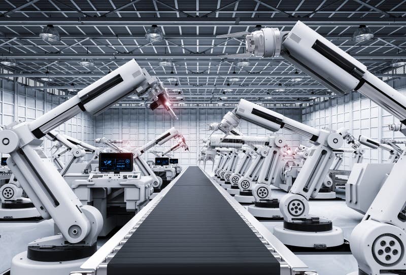 Robot arms with conveyor line stock illustration