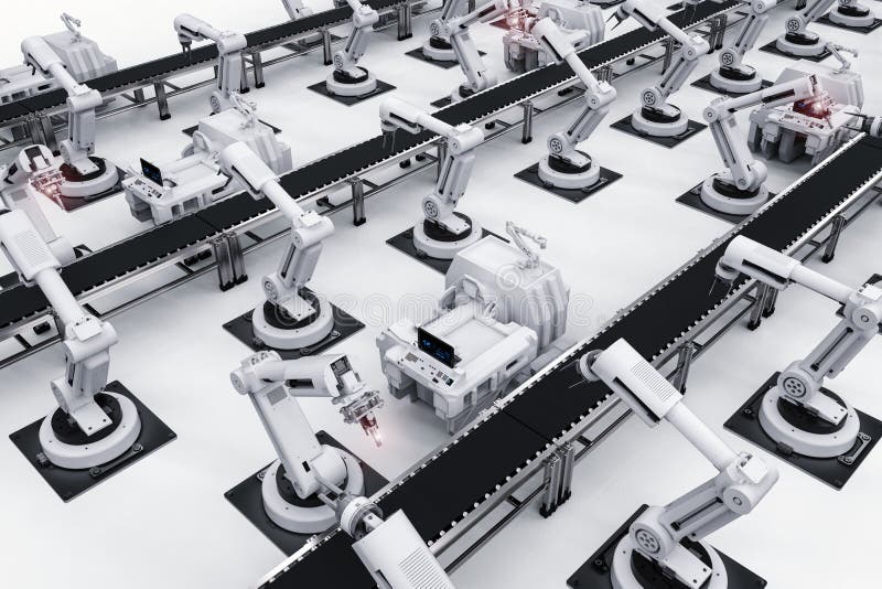 Robot arms with conveyor line vector illustration