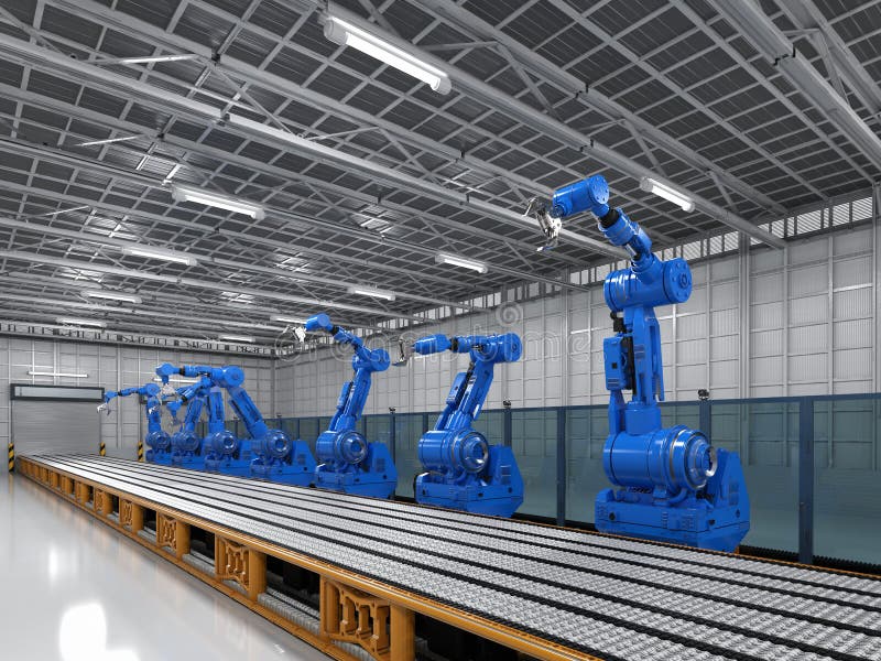 Robot arms with conveyor line stock illustration