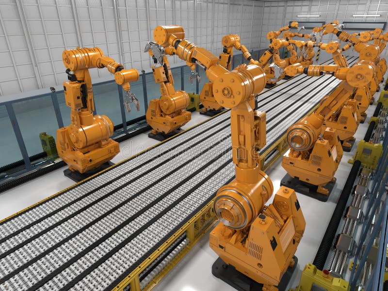Robot arms with conveyor line vector illustration