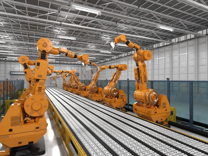 Robot arms with conveyor line vector illustration
