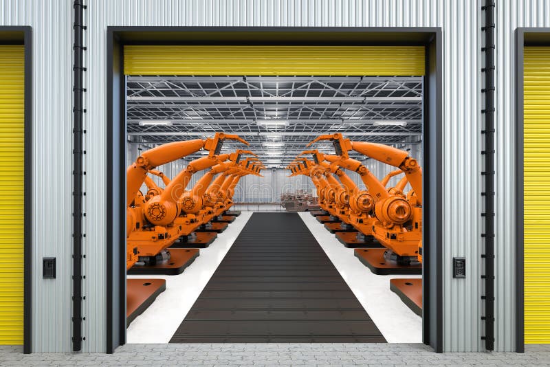 Robot arms with conveyor line in factory stock illustration