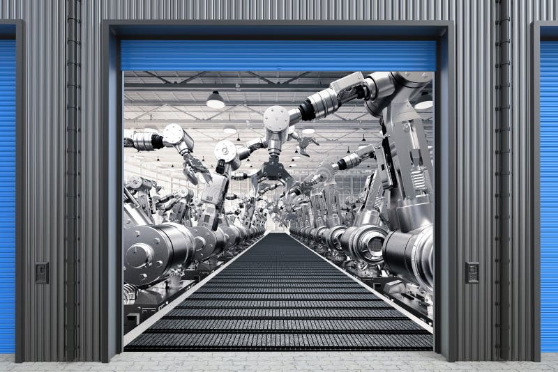 Robot arms with conveyor line in factory vector illustration