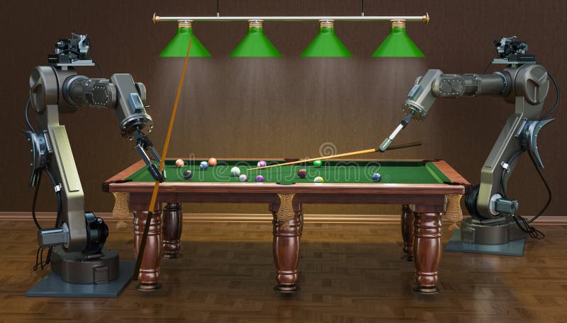 Robot arms play billiards, 3D rendering royalty free illustration