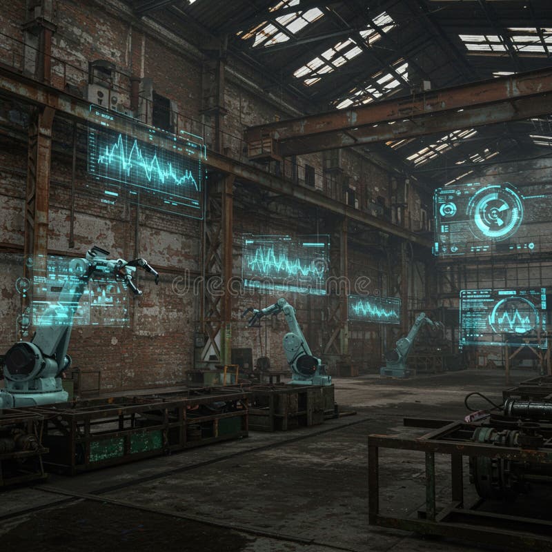 Robot arms in a spacious, industrial warehouse environment, surrounded by digital royalty free illustration
