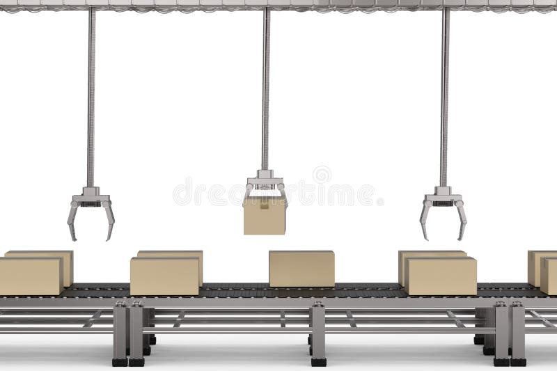 Robot arms working with cardboard boxes stock illustration
