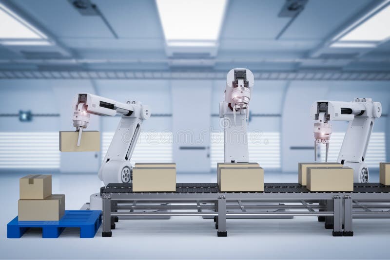 Robot arms working with cardboard boxes stock illustration