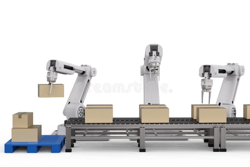 Robot arms working with cardboard boxes vector illustration