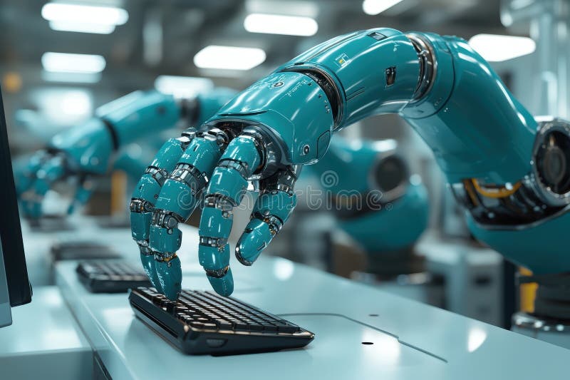 Robot arms working on computers in a modern office environment stock photos