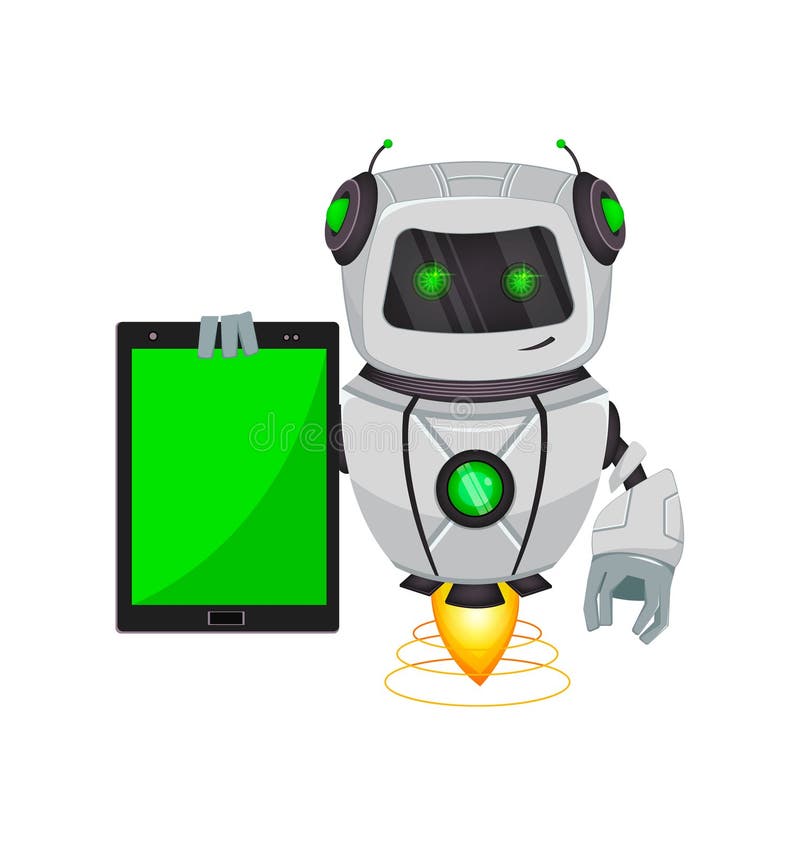 Robot with artificial intelligence, bot. Funny cartoon character holds tablet. Humanoid cybernetic organism. Future concept. royalty free illustration Robot with artificial intelligence, bot. Funny cartoon character holds tablet. Humanoid cybernetic organism. Future concept. royalty free illustration