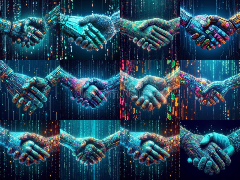 Robot artificial intelligence handshake digital matrix art royalty free stock photography