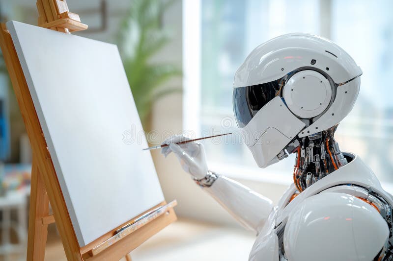 Robot artist creating a blank canvas in a modern studio during daylight hours stock illustration