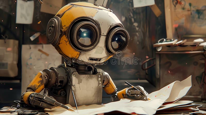 Un robot drăguț și curios robot optimist îi place să picteze o imagine stock illustration