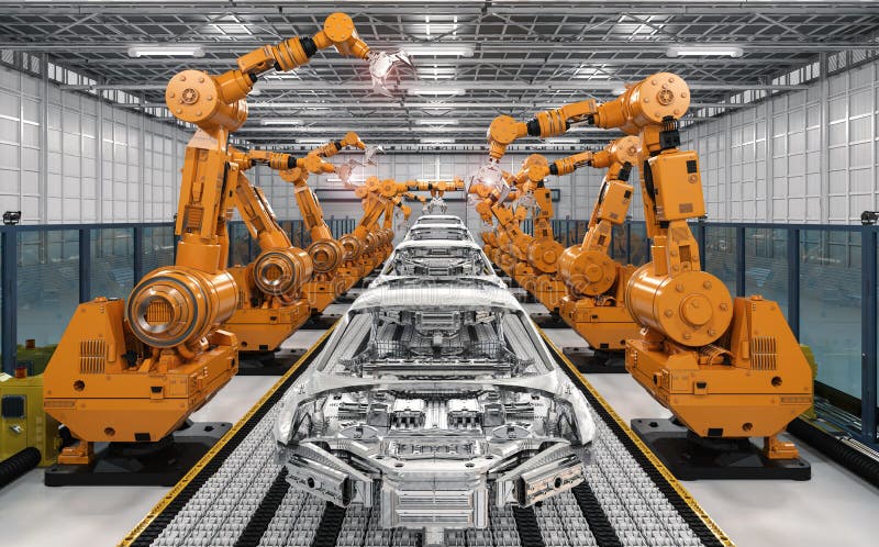 Robot assembly line in car factory stock illustration
