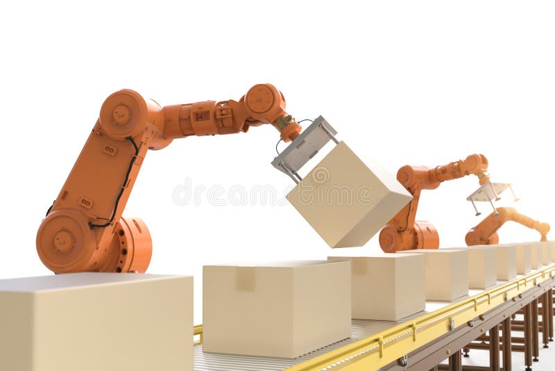 Robot assembly line with cardboard boxes vector illustration