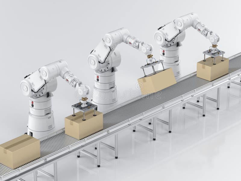 Robot assembly line with cardboard boxes vector illustration