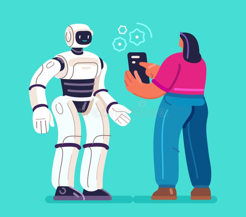 Robot assistant and human. Robotics, engineering technologies. Machine learning of artificial intelligence stock illustration