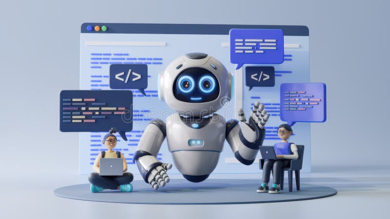 Robot Assisting Programmers With Coding And Software Development In A 3D Render vector illustration