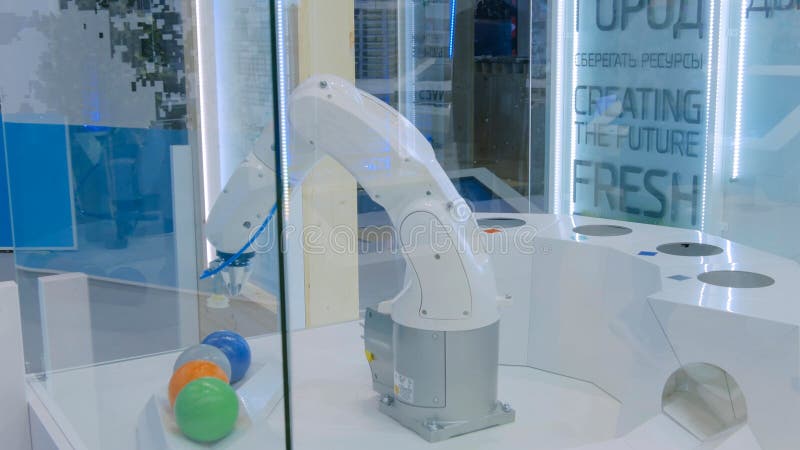 MOSCOW, RUSSIA - July 30, 2018: Moscow Urban Forum. Robot automatically sorting garbage. Recycling and ecology concept