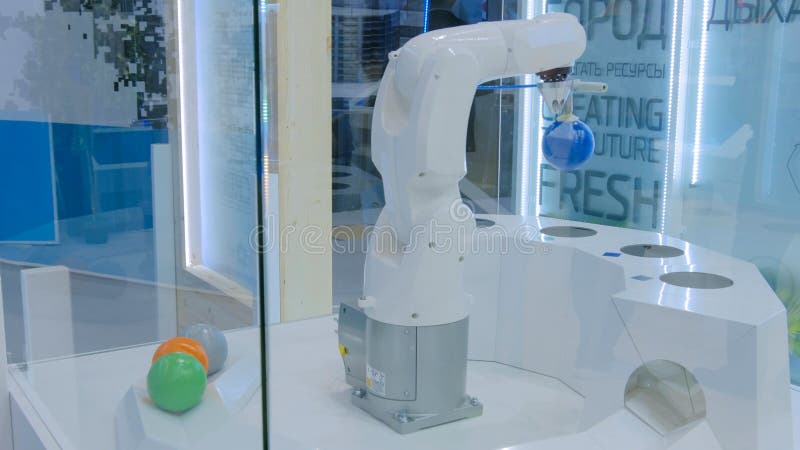 MOSCOW, RUSSIA - July 30, 2018: Moscow Urban Forum. Robot automatically sorting garbage. Recycling and ecology concept