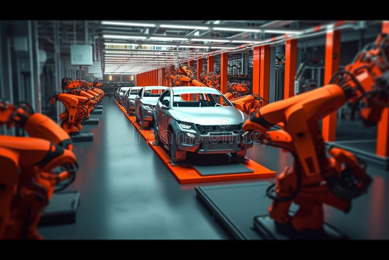Robot automatizzati auto elettriche futuristiche produzione di linee generali di produzione illustrazione di stock