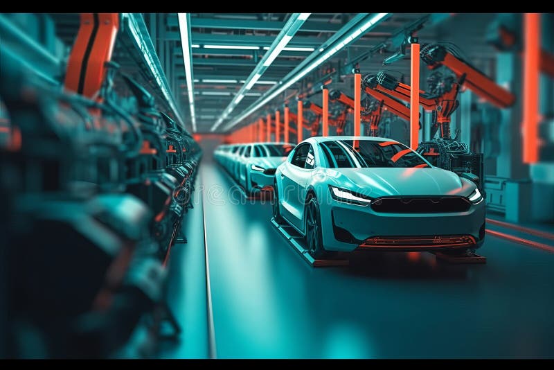 Robot automatizzati auto elettriche futuristiche produzione di linee generali di produzione illustrazione vettoriale