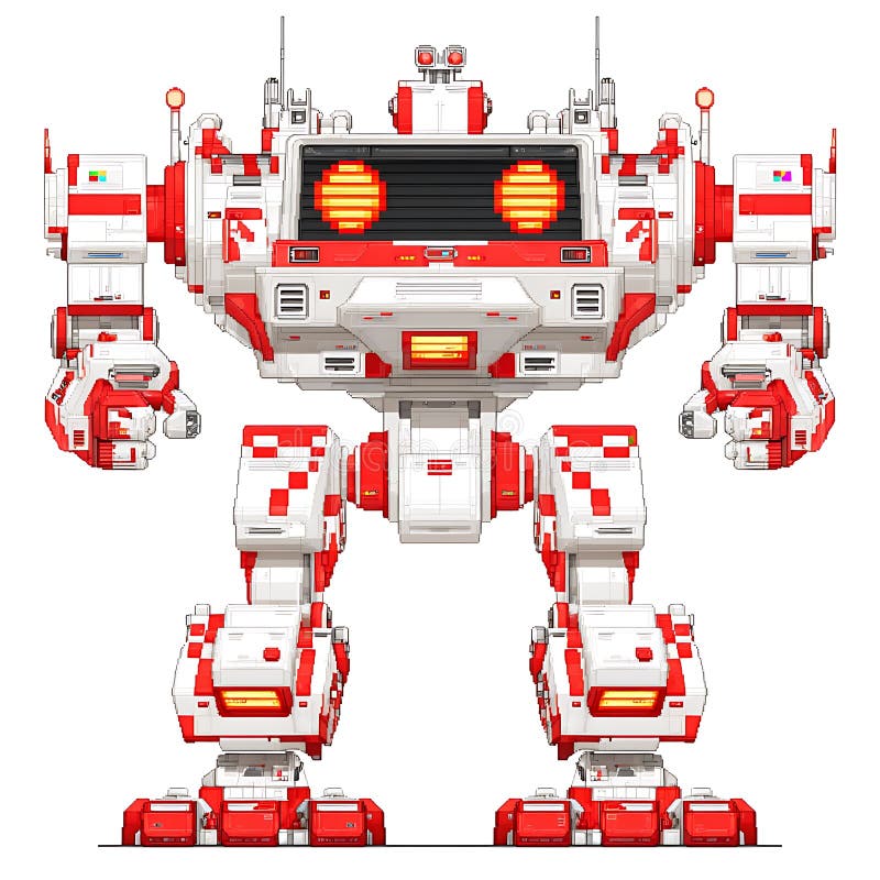 Robot B/N a forma di rosso e bianco futuristico: una vista dettagliata del fronte di un potente meccanismo illustrazione vettoriale
