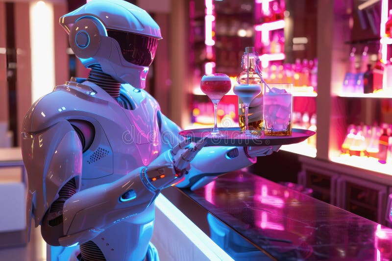 Humanoid robot bartender serving cocktails at the bar counter, AI generated