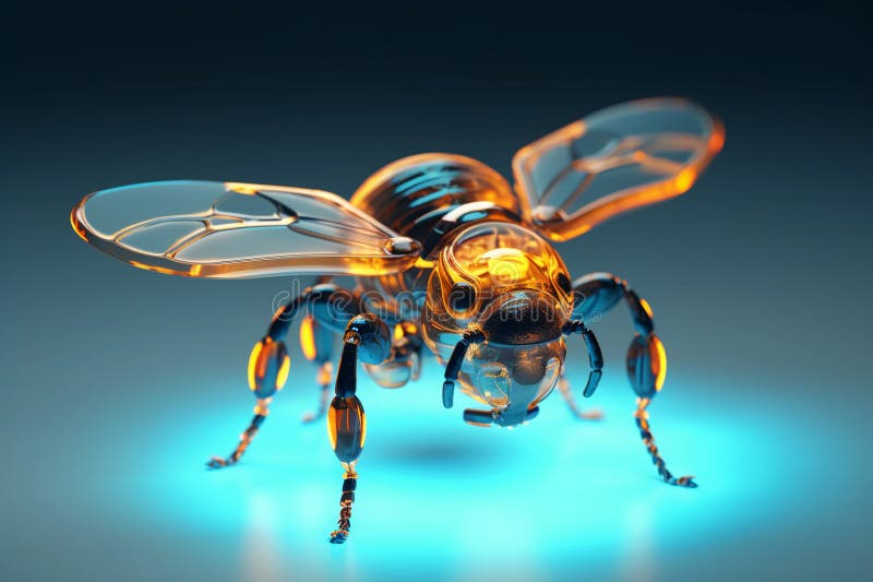 Robot bee, a yellow insect on a blue background. A concept reflecting the problem of declining bee populations. Generative AI stock illustration