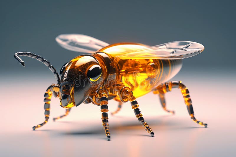 Robot bee, a yellow insect on a light background. A concept reflecting the problem of declining bee populations. Generative AI royalty free illustration