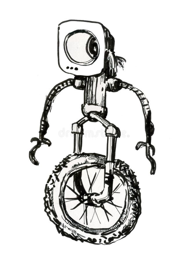 Robot Bike, Illustration of a Cartoon Character. Ink Drawing. Stock  Illustration - Illustration of black, drawing: 168420087
