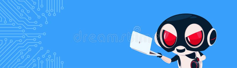 Robot In Black Mask Hacking Laptop Computer Hacker Over Circuit Background With Copy Space Flat Vector Illustration