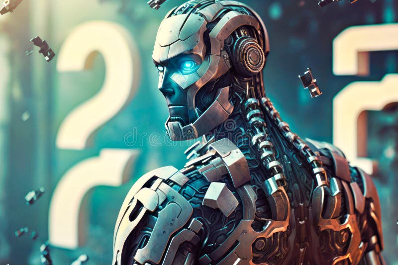 Robot with Blue Eyes Standing in Front of Sign Generative AI Stock