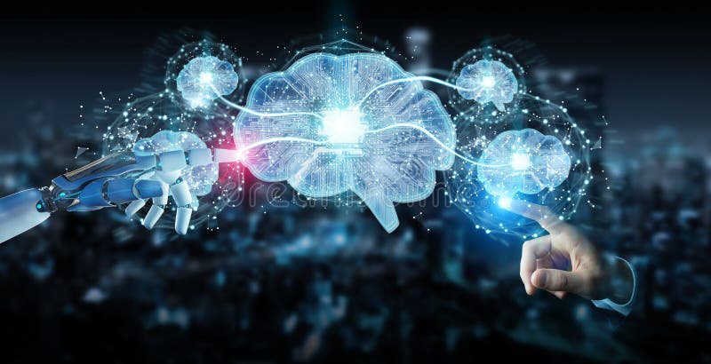 Robot creating artificial intelligence in a digital brain 3D rendering stock illustration
