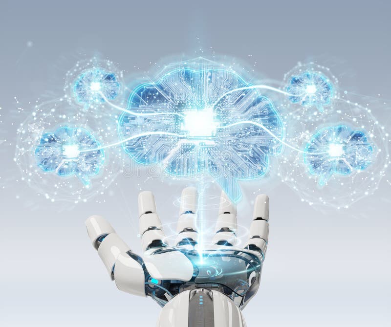 Robot creating artificial intelligence in a digital brain 3D rendering stock illustration