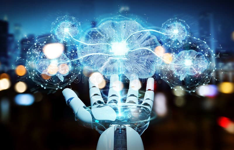 Robot creating artificial intelligence in a digital brain 3D ren stock illustration