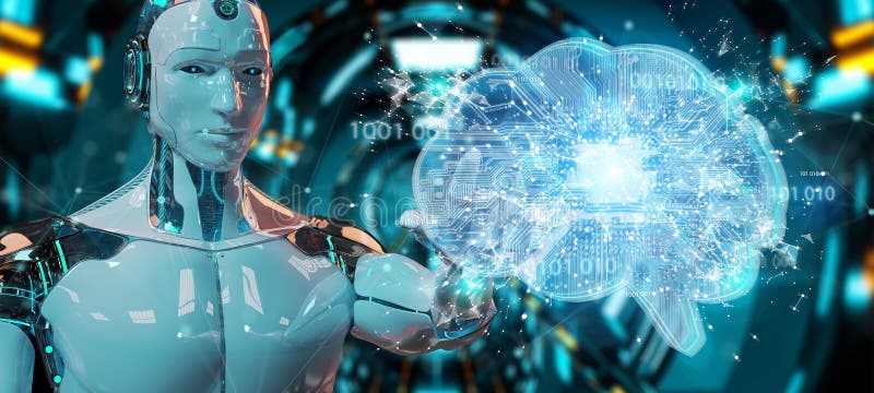 Robot creating artificial intelligence in a digital brain 3D rendering royalty free illustration