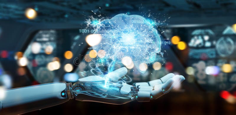 Robot creating artificial intelligence in a digital brain 3D rendering vector illustration