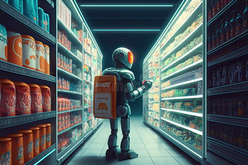 Robot, browsing through the aisles of futuristic grocery store vector illustration