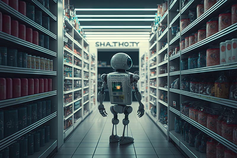 Robot, browsing through the aisles of futuristic grocery store royalty free illustration