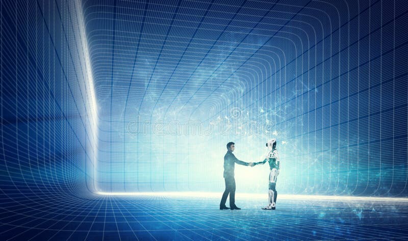 Robot and businessman shaking hands on modern tech background stock illustration
