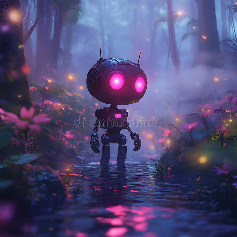 Robot carini che esplorano misteriose foreste incantate con fiori brillanti e lucciole illustrazione vettoriale