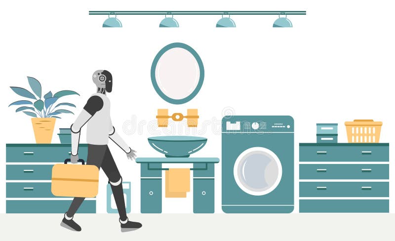 Robot carrying toolbox in modern laundry room highlighting futuristic home technology royalty free illustration