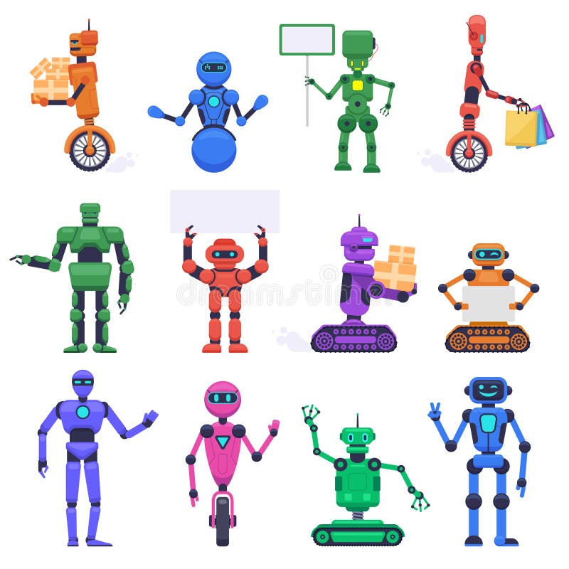 Robot characters. Robotic mechanical humanoid characters, chatbot assistant mascots, technology android bot isolated royalty free illustration