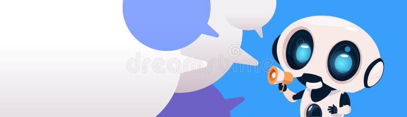 Robot Chatterbot Holding Megaphone Over Chat Bubbles Background Horizontal Bannner Digital Marketing Concept royalty free illustration