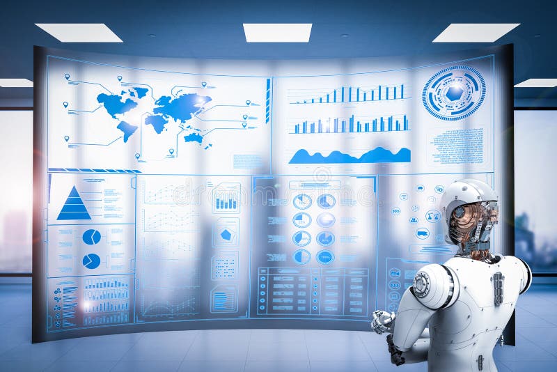 Robot che funziona con il visualizzatore digitale fotografie stock Robot che funziona con il visualizzatore digitale fotografie stock