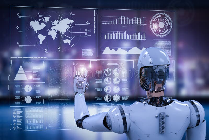 Robot che funziona con il visualizzatore digitale immagini stock libere da diritti Robot che funziona con il visualizzatore digitale immagini stock libere da diritti