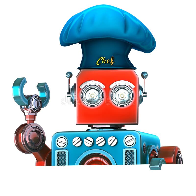 Robot Chef with blank empty board. 3D illustration. Isolated. Co royalty free illustration