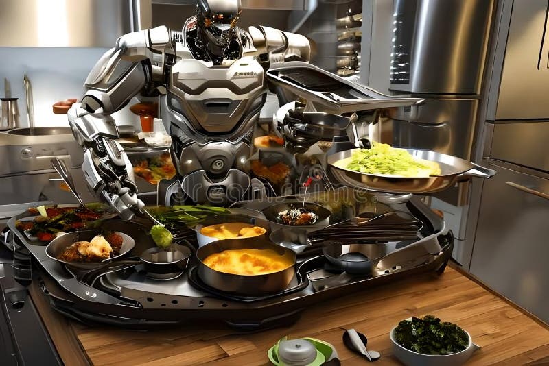 Robot Chef cooking dinner in restaurant royalty free illustration