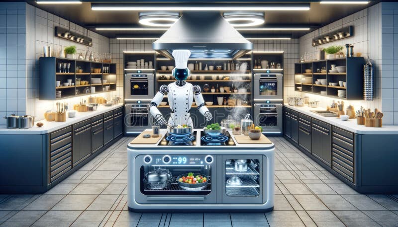 Robot Chef Cooking in Modern Kitchen royalty free illustration